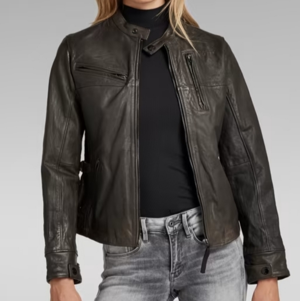 G-Star RAW Leather Biker Jacket - Raven Size Medium
